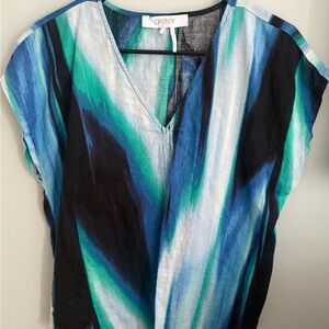 DKNY Women's 100% Linen Vibrant Blue and Black Blouse